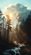 Placeholder: portrait of two girls Double exposure surreal digital art of a mysterious , his face in profile, blending seamlessly into the shape of the clouds . a magical forest scene unfolds, illuminated by golden light rays, with tall trees and a flowing river.