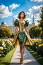 Placeholder: fullbody girl makeup wearing a dark green-gold victorian short dress walking in moder city of 2040 park ,flowers ,pretty clouds in blue sky,city escape.