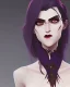 Placeholder: woman vampire, pale skin, brown long hair, galaxy cloak, blue eyes, very red lips, prominent cheek bones, slightly gaint face