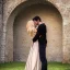 Placeholder: A photo realistic portrait of a stunning blonde girl and muscular dark haired man in a lovers embrace standing in front of a medieval castle