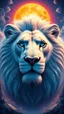 Placeholder: The face of a powerful white lion with blue eyes and a large sun behind its head in a beautiful and amazing view and psychedelic atmosphere.