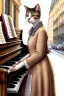 Placeholder: One single mature cat lady playing piano on the street, Vienna, fiacre, friendly, model style, hyper realistic, extremely accurate, delicate, extremely detailed, Graphic novel style, wide-angle, open aperture, superfine pencil