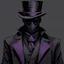 Placeholder: warlock, black top hat, black mask with ash purple patterns, black trench coat with ash purple patterns, dark, ominous, ash purple, grey background, profile picture, simplistic design