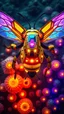 Placeholder: top-down aerial shot, segmented wasp-like mech with ultraviolet cyber wings, pulse-core abdomen, toxic emitter vents, fluorescent mushroom forest with glowing hives, aggressive volatile energy, hyper-detailed, neumorphix clean
