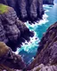 Placeholder: from the point of view of a rock climber, look down at the ocean rocks below as you climb high into the bluffs of ireland. holding on to the cliff face, the ocean below storms and swirls around a giant whirlpool, a great pit in the ocean