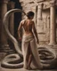 Placeholder: [greek goddess model in flesh]Trapped in a forgotten temple, a woman and his son fight against two immense serpents. Their muscles straining against the relentless grip. Their struggle embodies resilience and the pursuit of freedom. In the decaying ruins, they refuse to yield. Bound by an unbreakable bond