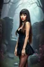 Placeholder: Full-body shot, of slender emo woman, standing, long straight brunette hair with bangs, fair skin, red lips, slender, short skirt, corset, stockings. fantasy background