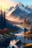 Placeholder: Create a breathtaking landscape that showcases the serene beauty of a mountain range at sunrise. The towering peaks should be adorned with a dusting of snow, glistening in the soft morning light. A calm river should flow gracefully through the valley, reflecting the vibrant hues of the sky. Surrounding the mountains, there should be lush greenery, with tall, swaying trees and vibrant wildflowers dotting the landscape. The overall scene should evoke a sense of tranquility, awe, and a connection t