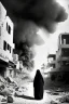 Placeholder: Palestinian woman , Carrying a small girl ,at winter , Destroyed Buildings , with a Explosions, at night