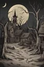 Placeholder: A chillingly eerie cartoon-style image of village, blood, moonlight, dead trees