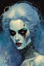 Placeholder: create a fine art print illustration of a seductive, Semnoni female vampire seeress, clothed in an ornate but ragged bliaud with highly detailed feminine facial features, bathed in a dread, pale light , shrouded in a fetid mist at midnight , in the comic book art style of Bill Sienkiewicz, and Jean Giraud Moebius, finely textured, drawn, colored, and inked