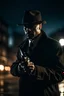 Placeholder: primer plano de una grillo detective con sobretodo oscuro, policial negro, fondo de paisaje urbano, húmedo y oscuro, contraluz, atmosfera de misterio apuntando con la pistola apuntando