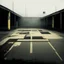 Placeholder: Minimal floating elements contemporary abstract oil paintings of desolate 1960s carpark with road markings and concrete fragments. Lone figure. Overlay with grungy typography graphics. style of Justin Mortimer and Francis Bacon.