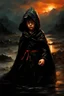 Placeholder: A formidable warrior-a 10-year-old boy in a black robe with a hood, on the background Amazing gloomy landscape, flooded with sunset, mountains, trees, fabulous scary hero, , juicy emotions, painting, dark fantasy, bad weather, gloomy day, dark world, by Raymond Swanland & Alyssa Monks & Anna Razumovskaya