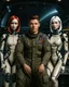 Placeholder: Photorealistic image of a young man in a flight suit with two tall, slender female androids in one-piece suits, one with red hair and one with white hair, standing on the bridge of a spaceship.