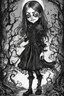 Placeholder: a cartoon illustration of a schizophrenic goth vampire girl , in the cartoon style of Lynda Barry , Ernie Pook's Comeek, black and white color scheme, museum quality masterpiece