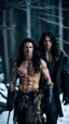 Placeholder: two Handsome and muscular 30 year old mountain men , long hair dark hair, facial hair, dark fantasy, snowy forest