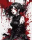 Placeholder: Petit girl goth, lying pose, halfbody, behind blood guts rising from the ground, illustration by <Yoji Shinkawa>, darkred tones,