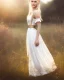 Placeholder: young elf woman, countryside, blonde braids, trees, fields, magic, motif, white dress, cinematic, forrest, happy, 3d art, alfons mucha, photography, smile