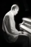 Placeholder: Hombre, pianista, tocando el piano, mirando hacia su derecha, fuertemente iluminado desde, blanco y negro vaporoso, al estilo del fotógrafo Hugo Alonso