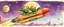 Placeholder: hairy macho gremlin aliens living in a hi tech marvellous hot dog rocket with a mounted sling shot, heading for venus, airbrush with pen outline