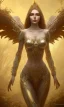 Placeholder: Female angel with beautiful perfect face big wings and golden crown floating above the ground in the dark enviroment, anatomically correct, michelangelo style, detailed, world of warcraft style, dark forest, trees, painting, brush strokes, 8k, dark forest in the background, dramatic camera view