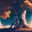 Placeholder: A lonely astronaut sits under the shade of an old tree on the edge of a planet. He looks at a beautiful galaxy. And he is thinking while waiting for his love.4k, high resolution. full detail. digital art, anime, cartoon