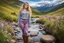 Placeholder: country side ,blue sky , mountains, pretty clouds ,small rocky river with clear water small rocks in floor,wild flowers,beautiful 18 year old girl with ash blonde hair and blue eyes with her curvy hair down, wearing a long-sleeved woollen top, and lilac long leggings, with long red boots full body standing pose shot