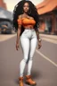 Placeholder: Create a digital airbrush cartoon of a curvy African American female wearing tight white jeans and a off the shoulder orange blouse. She is also wearing timberland boots. Prominent make up with hazel eyes. Highly detailed very long extremely dread locs black hair. Her skin is smooth and silky. Background of a track of ATV riders.