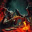 Placeholder: make an album cover of Eddie from the Iron Maiden hardrock band, he is sharing a big kebab in hell with Lucifer at a table, fire burning everywhere