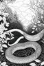 Placeholder: Outline art, no shading, snake full body in the garden, cartoon style, black and white, low detail, --ar 9:11