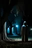 Placeholder: Ghost looking behind a tree at a human man, night, beautiful, cemetery, scary