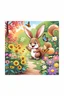 Placeholder: The cute bunny excitedly looks at a bright yellow sunflower in the colorful garden, the beautiful butterfly and friendly brown squirrel are smiling, child book illustration style, faces must be the same as reference image