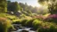 Placeholder: Beautiful realistic rural landscape, warm sunshine, lush plant growth, flowers, human habitation, brook, peaceful, delightful, idyll, award-winning photograph, detail, beautiful composition, attractive colour, chiaroscuro