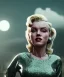 Placeholder: Ultra Realistic retro sci-fi 1960 scene, waist up view portrait, blonde woman, sweet young Marilyn Monroe face, perfect iris, tight latex coat, Strange planet background, Retro sci-fi style glass helmet, sphere dron, fog, rain, soft color, highly detailed, unreal engine 5, ray tracing, RTX, lumen lighting, ultra detail, volumetric lighting, 3d, finely drawn, high definition, high resolution.