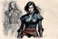 Placeholder: Create an aquatint concept drawing of an epic fantasy Lankhmar female thief character , slim in stature, with shoulder length hair, finely lined and detailed facial features, in an fur collared leather doublet and breeches , a short oriental cloth belt at the waist, stealthy soft leather slippers, , in the comic book style of Bill Sienkiewicz, Howard Chaykin, Mike Mignola, Philippe Druillet, and Jean Giraud Moebius, precisely drawn, colored and inked,