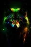 Placeholder: terrifying. Fox like creature, turning to face you, hunch over, dark, force, background, glowing eyes, staring, covered decay, deep shades of green, covering forest, dark, rainbow, gradient, sky, dark, starry night,