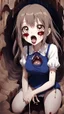 Placeholder: Anime girl with big eyes, darkblue and sepia tones, fullbody, slime, the perspective looking up from the bottom of an empty well, rolling eyes, tongue out, blood drip, open mouth,