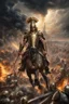 Placeholder: Capture an epic scene of the Trojan War with dark clouds of smoke billowing from the burning city of Troy in the background. In the foreground, the Greek hero Achilles stands resolute in gleaming armor, his face set in fierce determination. The chaotic battlefield is alive with warriors in crested helmets and shining armor clashing fiercely. The ground is littered with the wreckage of war: broken shields, arrows, and debris, while Greek ships with raised sails are anchored off the shore.