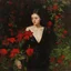 Placeholder: one woman near red flowers and vegetations, forest, doom, creepy, gloomy, gothic dark influence, john singer sargent paintings, and eugen von blaas paintings