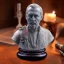 Placeholder: auction, polished marble bust of the king of ghost busters, ancient, magic,on dark wooden table with drinking glass,compass,brilliance, candle, dark figure in background, movie poster