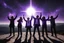 Placeholder: Subject & Action: A high-resolution, photorealistic cosmic ceremony on the edge of the void! This is a wide-angle photograph capturing a gathering of five modern beatnik wanderers worshipping the total solar eclipse. Their arms are outstretched in ecstasy, their faces turned upward, dissolving into the light. One figure, centrally positioned, has a halo of purple and blue cosmic light swirling around their head. Environment & Setting: We are on the rugged Landes coast, beach of La Piste. The sa