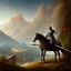 Placeholder:  mountains with medieval knight traveling on a horse in the background