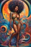 Placeholder: Create a futurism oil painting image of a curvy black female and tattoo on her legs while she bends down holding her large colorful mane of curly large afro. Prominent makeup with lush lashes. Her hair is highly detailed,her hair covers her body and all her curls are colorful. She wears no shoes and her skin glows