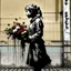 Placeholder: a woman in love, she looks up and has good posture, flowers, style of banksy