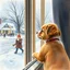 Placeholder: watercolor paining of a puppy looking out a window at kinds having a snowball fight in a suburban street, by Norman Rockwell aesthetic