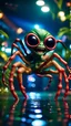 Placeholder: pimp rocker alien spider gremlin diving in water slide in the middle of crazy dance moves dancing on buss parked in dark lit reflective wet jungle hall tunnel,bokeh like f/0.8, tilt-shift lens 8k, high detail, smooth render, down-light, unreal engine, prize winning