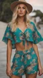 Placeholder: a beautiful cute blonde girl, wearing turquoise floral crop top and shorts, hyperrealistic photography, --niji 5 --ar 2:3 --style expressive --v 5