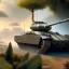 Placeholder: Ralph mcquarrie painting of a Futuristic armored tank With treads in the jungle with jets flying overhead, 4k, highly detailed, minutiae, trail, boulders