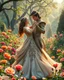 Placeholder: Beautiful Princess Romantic dancing salsa with handsome prince in Wild garden, flower beds, fractal ornamentation, over detailed, gloriously full and confusing, nothing that really exists, everything made up, fantasy world, sweet briar, photography graphic art, song birds, ochre rose, rose buds, dewy morning, forest of oaks,